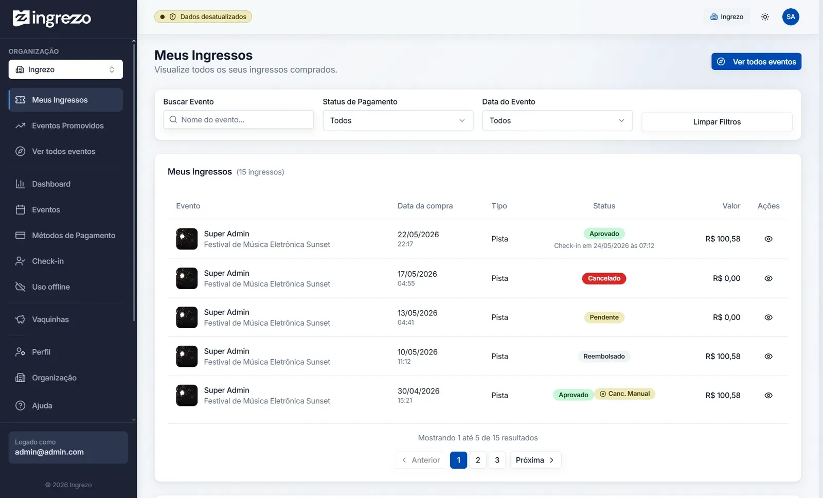 Ingrezo — "Meus Ingressos": painel do comprador com filtros por status e busca